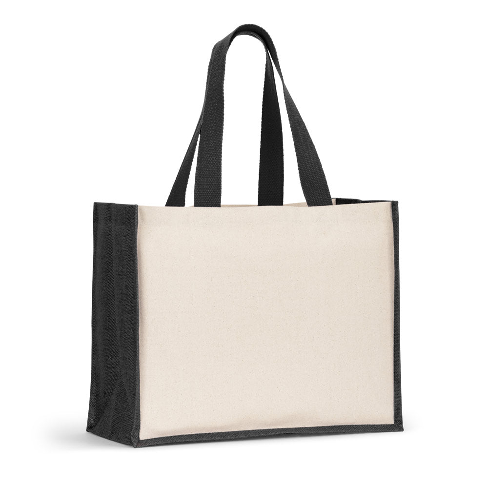 Tasche aus Canvas (320 g/m²), mit Boden und Seiten aus farbig laminierter Jute (350 g/m²)