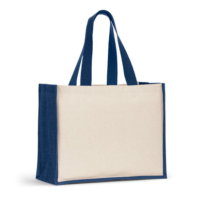 Tasche aus Canvas (320 g/m²), mit Boden und Seiten aus farbig laminierter Jute (350 g/m²)