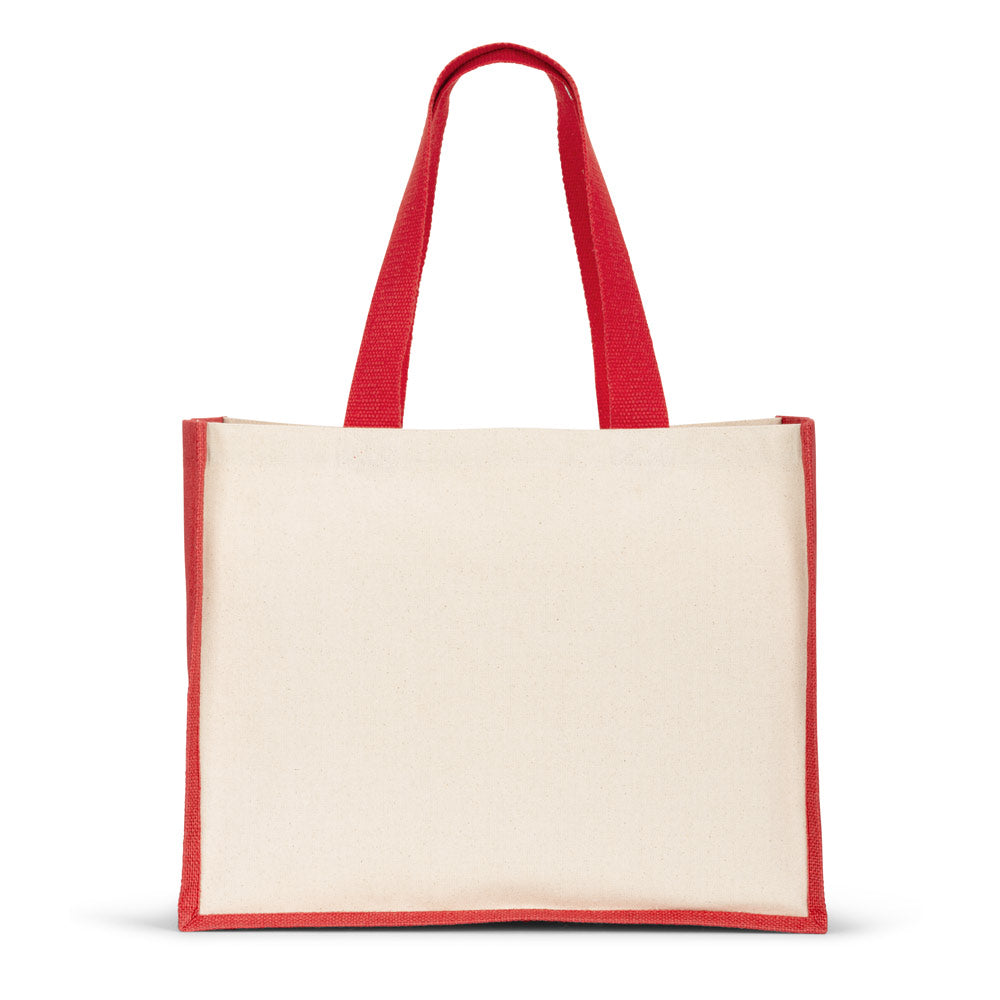 Tasche aus Canvas (320 g/m²), mit Boden und Seiten aus farbig laminierter Jute (350 g/m²)