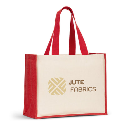 Tasche aus Canvas (320 g/m²), mit Boden und Seiten aus farbig laminierter Jute (350 g/m²)