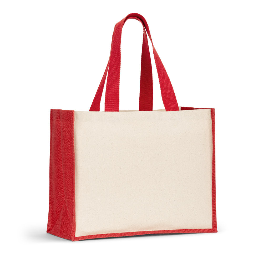 Tasche aus Canvas (320 g/m²), mit Boden und Seiten aus farbig laminierter Jute (350 g/m²)