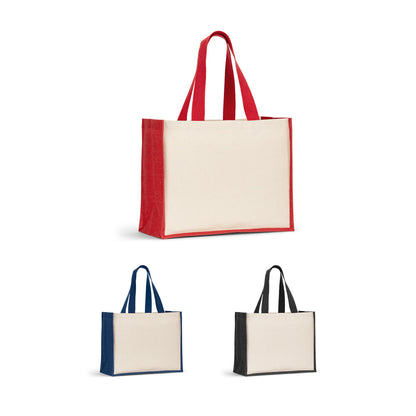 Tasche aus Canvas (320 g/m²), mit Boden und Seiten aus farbig laminierter Jute (350 g/m²)