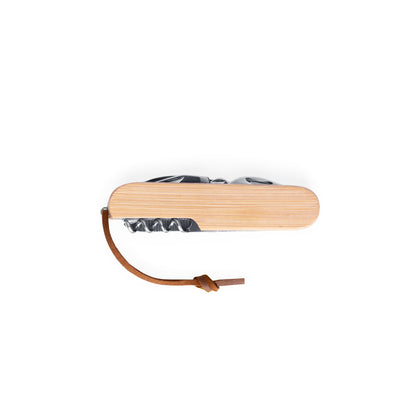 Multifunktionales Taschenmesser aus Bambus und Edelstahl mit PU-Griff