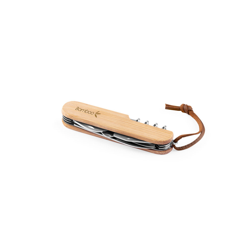 Multifunktionales Taschenmesser aus Bambus und Edelstahl mit PU-Griff