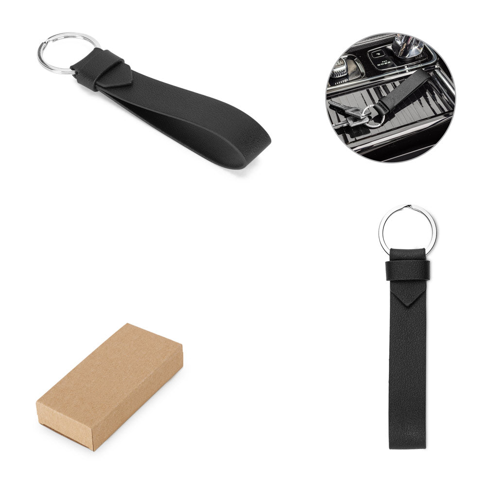 Schlüsselanhänger aus hochwertigem PU mit einem robusten Metallring.