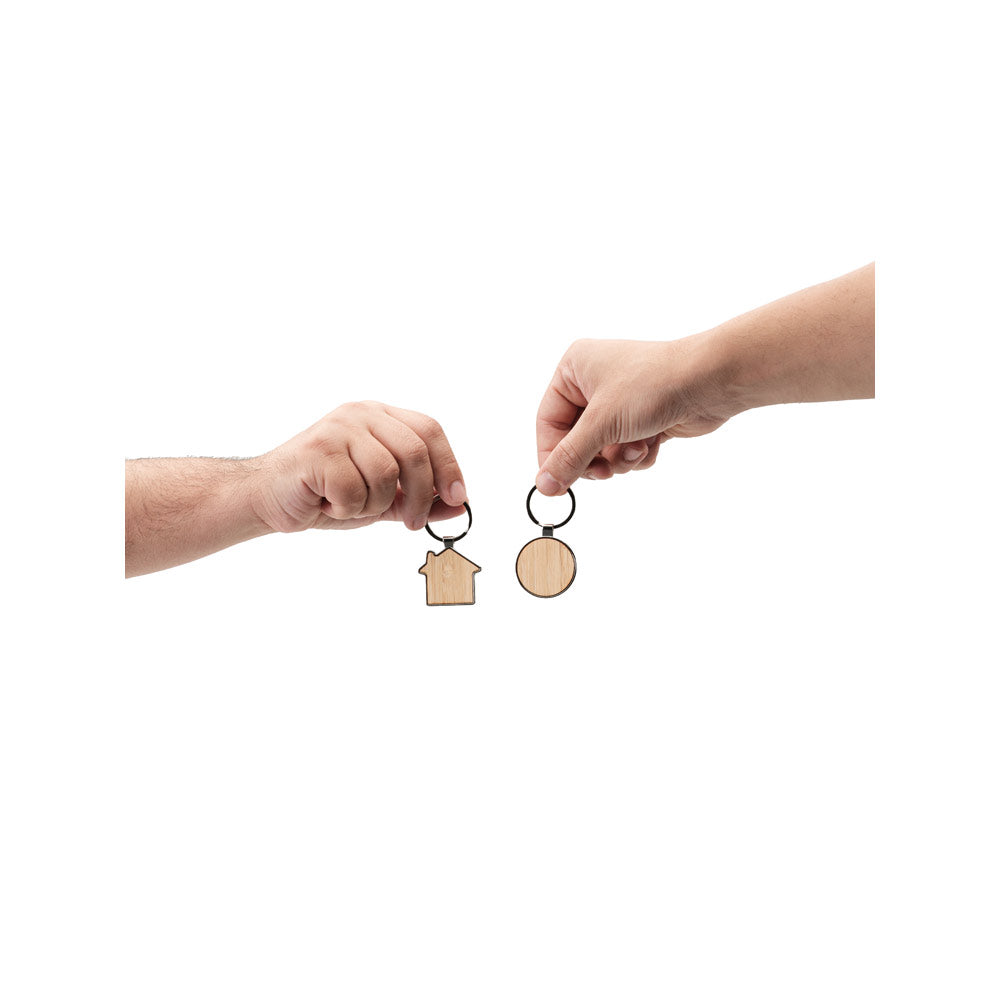 Schlüsselanhänger aus Eisen in Hausform aus Zink und Bambus